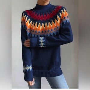 Colorful Patterned Women's Sweater Nordic Cozy Navy Vibrant Red Orange Fair Isle